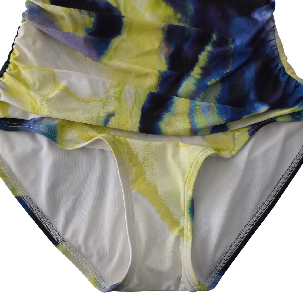 DKNY Womens One Piece Swimsuit Yellow Blue Abstract Watercolor Ruched Medium - Picture 3 of 10
